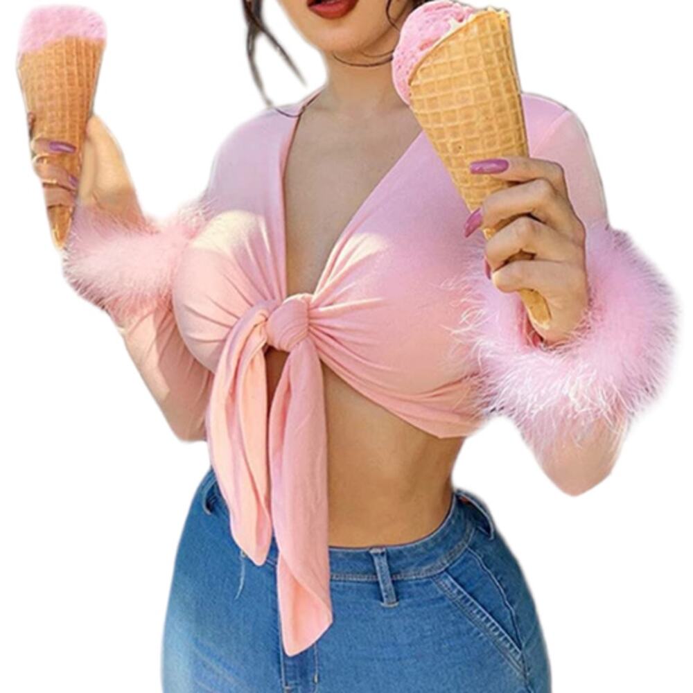 Women's Long Sleeve Tie Up Crop Top Feather Trim Deep V Neck Size Large